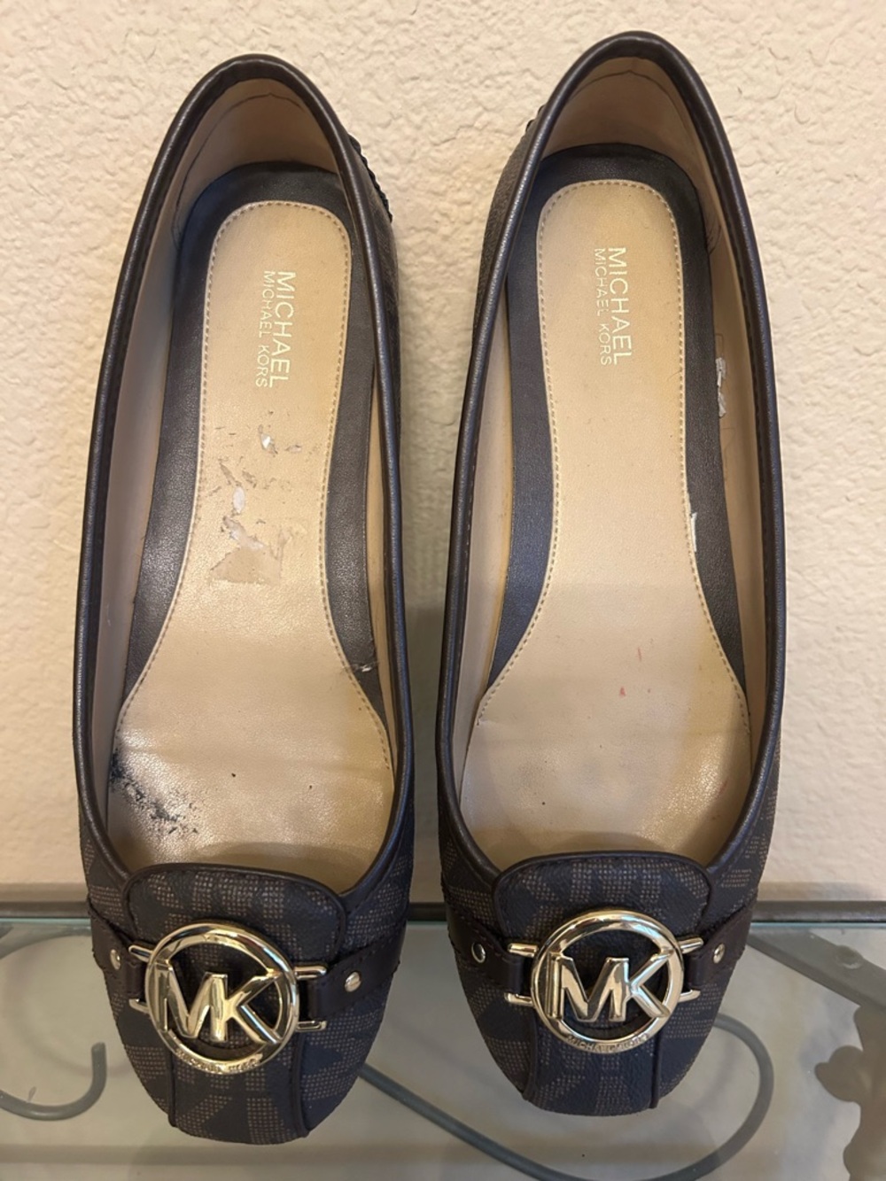 Michael Kors Dark Brown Logo Ballet Flats with Gold MK Accent